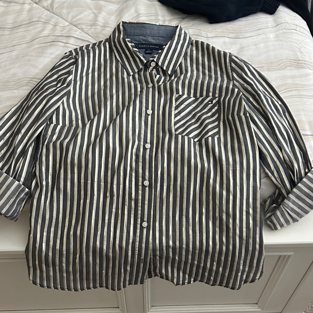 Tommy Hilfiger Men's Black and Cream Striped Shirt